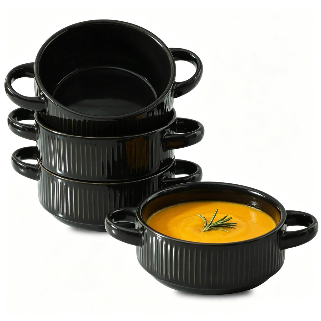 Soup Bowls with Handles, 23 oz French Onion Soup Crocks, Stackable Soup Bowl Oven Safe for Chili, Beef Stew, Embossment Ceramic Bowl Set - 5.4 Inch, Set of 4,Black