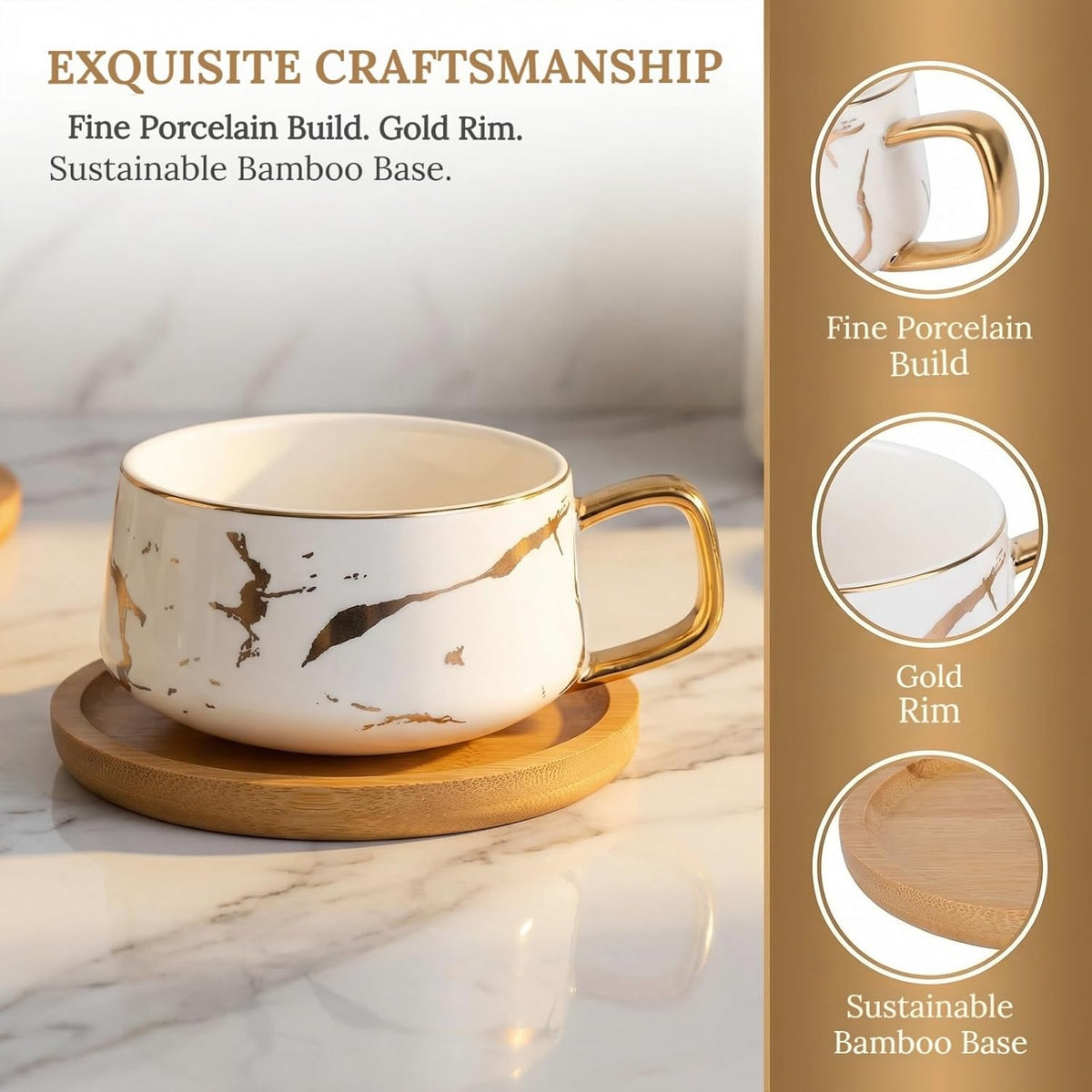 Peohud 2 Pack Ceramic Tea Coffee Cup, 10 OZ Coffee Mug with 304 Stainless Steel Spoon and Bamboo Saucer, Marble Espresso Cups for Latte, Cappuccino, Americano, White and Black