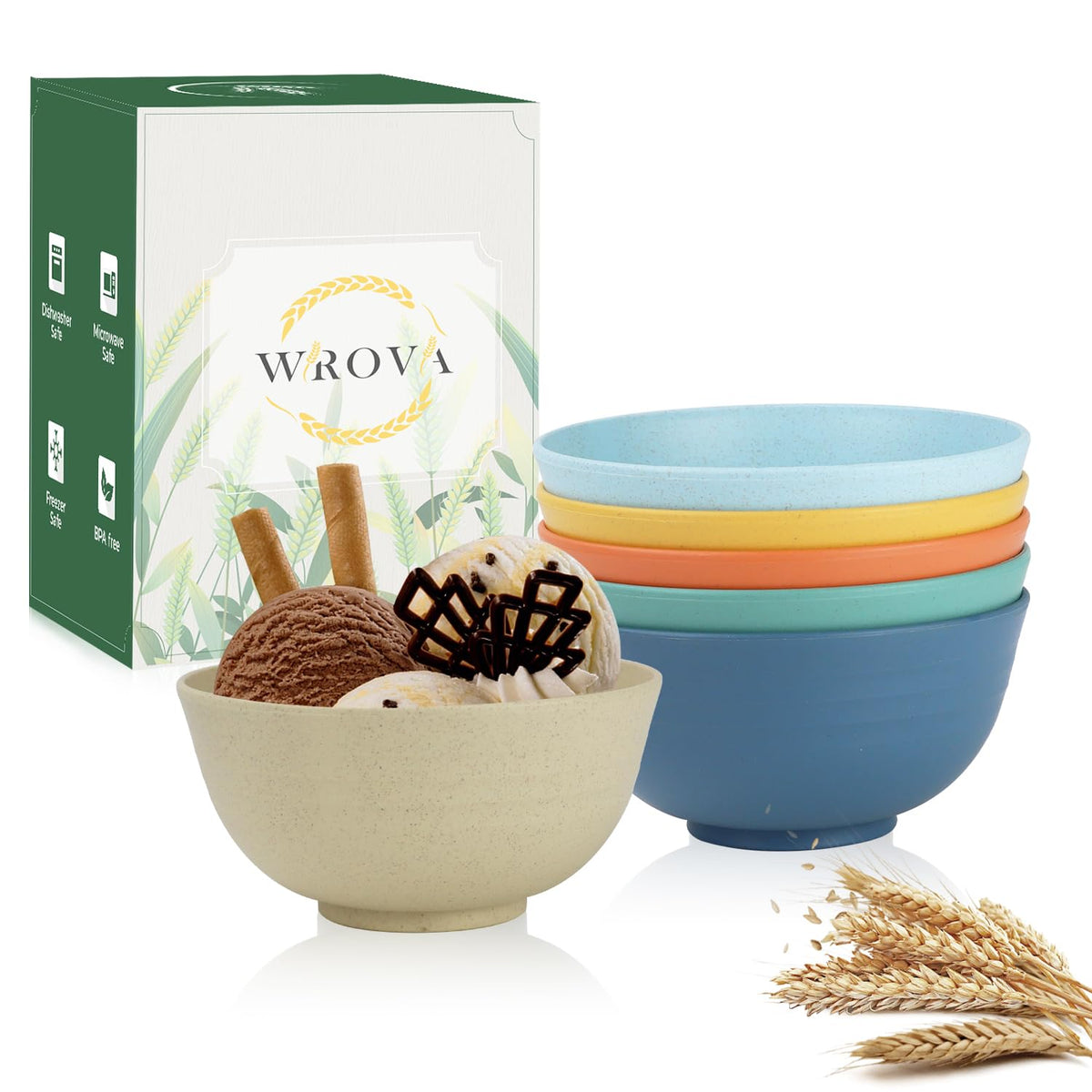 Wrova Wheat Straw Bowls Set 60 OZ Unbreakable Large Cereal Bowls Set of 6 Microwave and Dishwasher Safe Bowls Big Bowls for Camping and Picnic BPA Free Soup Bowl for Serving Oatmeal and Salad. Black