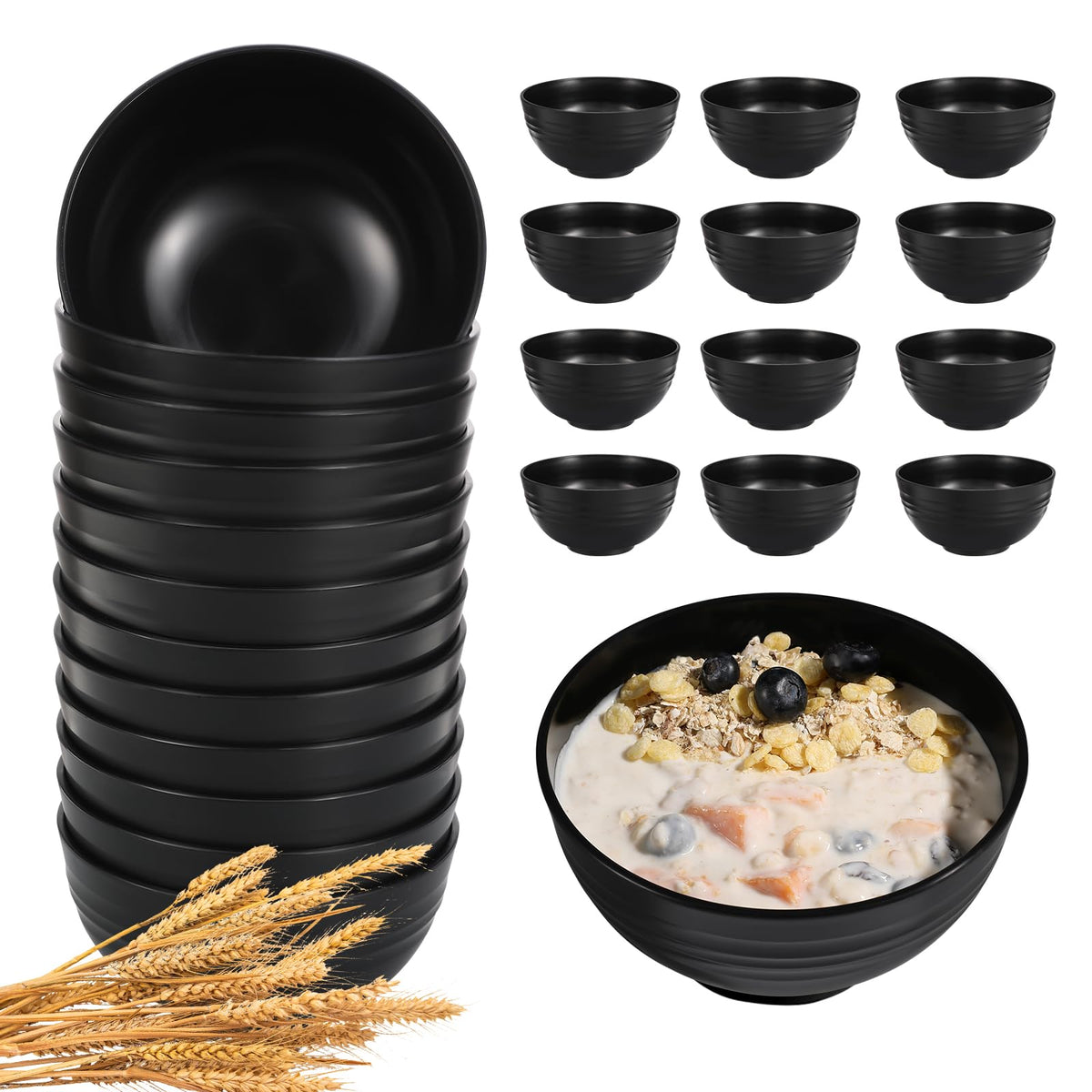 HEYCOME 12 Pcs Unbreakable Cereal Bowls Set, 26 Oz Wheat Straw Bowls Set, Microwave & Dishwasher Safe Rice Bowls for Kitchen, Reusable Plastic Bowls for Soup, Salad and Snack, BPA Free, Multicolor