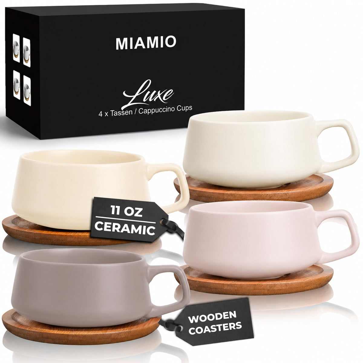 MIAMIO - Cappuccino Cup Set of 4, Ceramic (9.5oz) - Luxe (Beige Pastel)