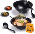 Unbreakable Japanese Style Ramen Bowl Set of 2, 37oz Black Large Matte Melamine Bowls and Spoons Set with Chopsticks & Saucers for Pho Thai Miso Udon Soup Noodles or Asian Food