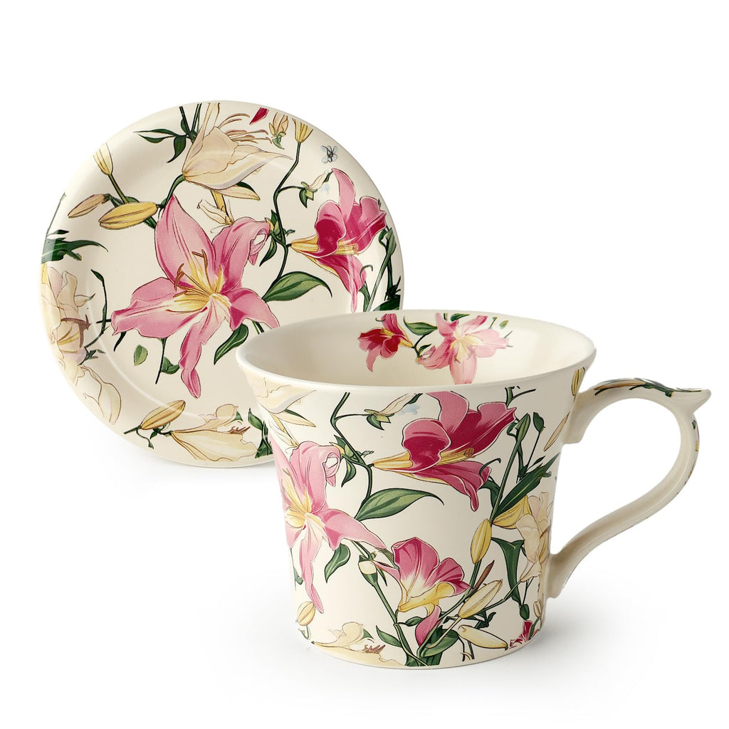 DOWAN 14 oz Tea Cup and Saucer Set, Vintage Coffee Mug with Lid for Cappuccino, Latte, and Hot Cocoa, Cute Tea Mug Gift for Her, Microwave & Dishwasher Safe, Purple Poppy