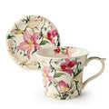 DOWAN 14 oz Tea Cup and Saucer Set, Vintage Coffee Mug with Lid for Cappuccino, Latte, and Hot Cocoa, Cute Tea Mug Gift for Her, Microwave & Dishwasher Safe, Purple Poppy