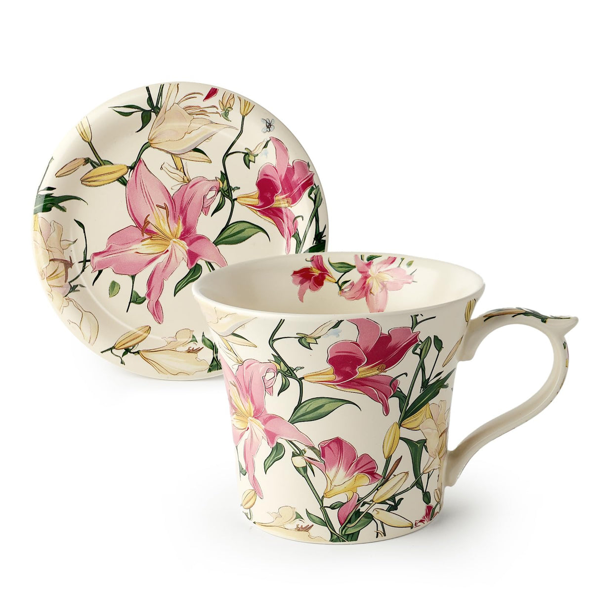 DOWAN 14 oz Tea Cup and Saucer Set, Vintage Coffee Mug with Lid for Cappuccino, Latte, and Hot Cocoa, Cute Tea Mug Gift for Her, Microwave & Dishwasher Safe, Purple Poppy
