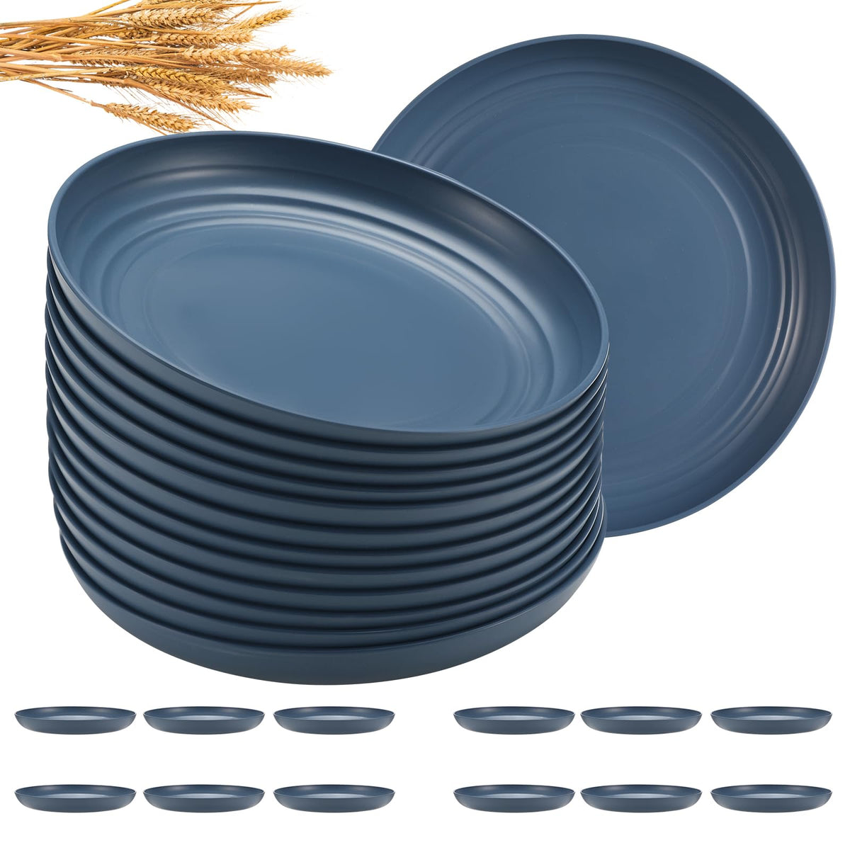 HEYCOME 12 Pcs Unbreakable Deep Dinner Plates Set, 10 inch Reusable Plastic Wheat Straw Plates, Microwave and Dishwasher Safe Plate for Kitchen, Lightweight Plate for Dessert, BPA Free, Dark Green