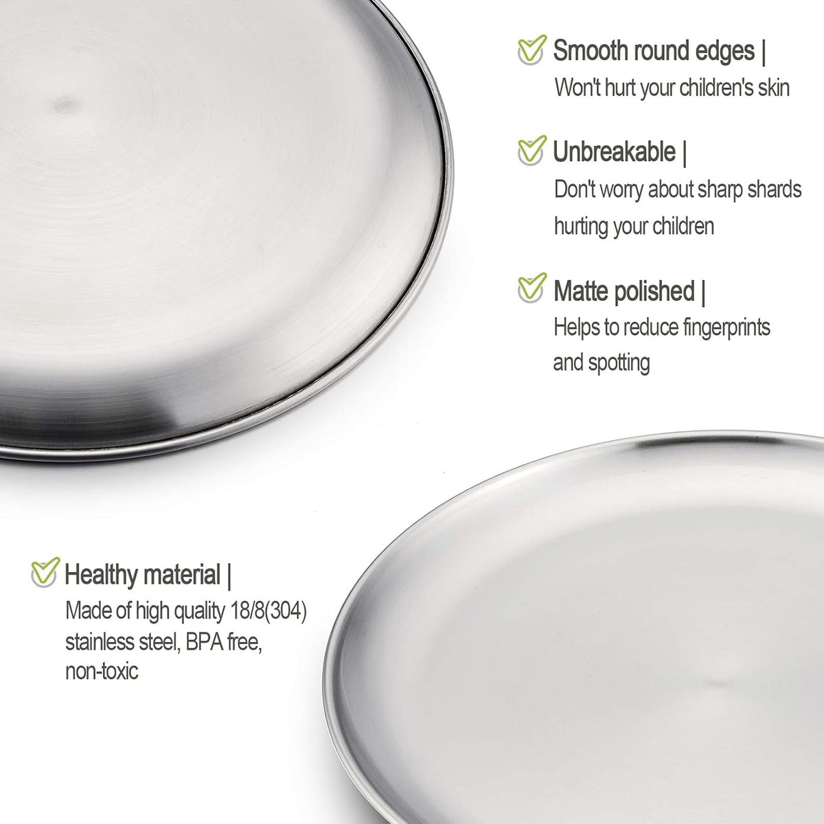 HaWare 18/8 Stainless Steel Plates for Kids, 8" Baby Feeding Plates for 6
