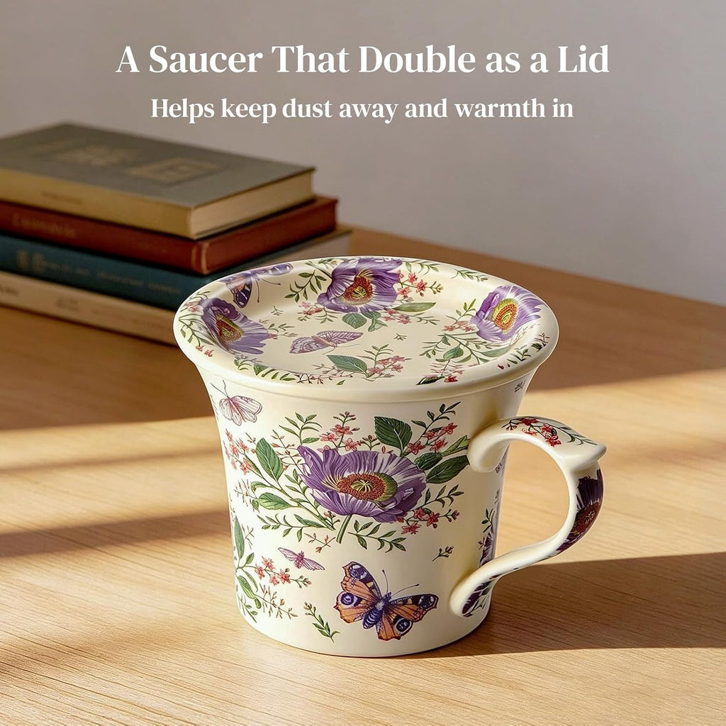 DOWAN 14 oz Tea Cup and Saucer Set, Vintage Coffee Mug with Lid for Cappuccino, Latte, and Hot Cocoa, Cute Tea Mug Gift for Her, Microwave & Dishwasher Safe, Purple Poppy