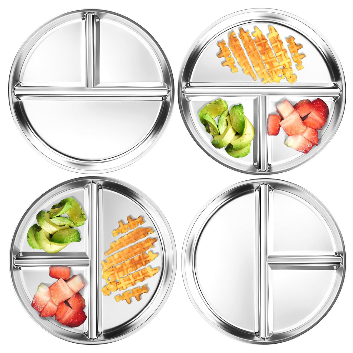 Bakpoco Stainless Steel Kids Plates Set of 4, 9" Portion Control Plates Divided Plate for Adults Toddlers Balance Lunch, Bariatric & Diabetic Diet, Non Toxic Camping Metal Snack Plate for Eating