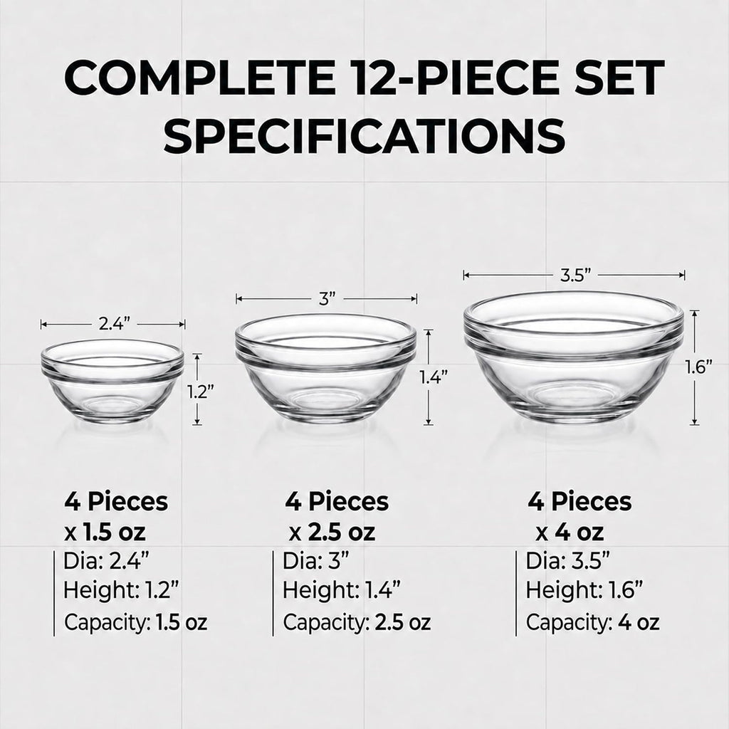 Glass Prep Bowls, 12-Piece Set, 1.5/2.5/4 oz, 3 Sizes