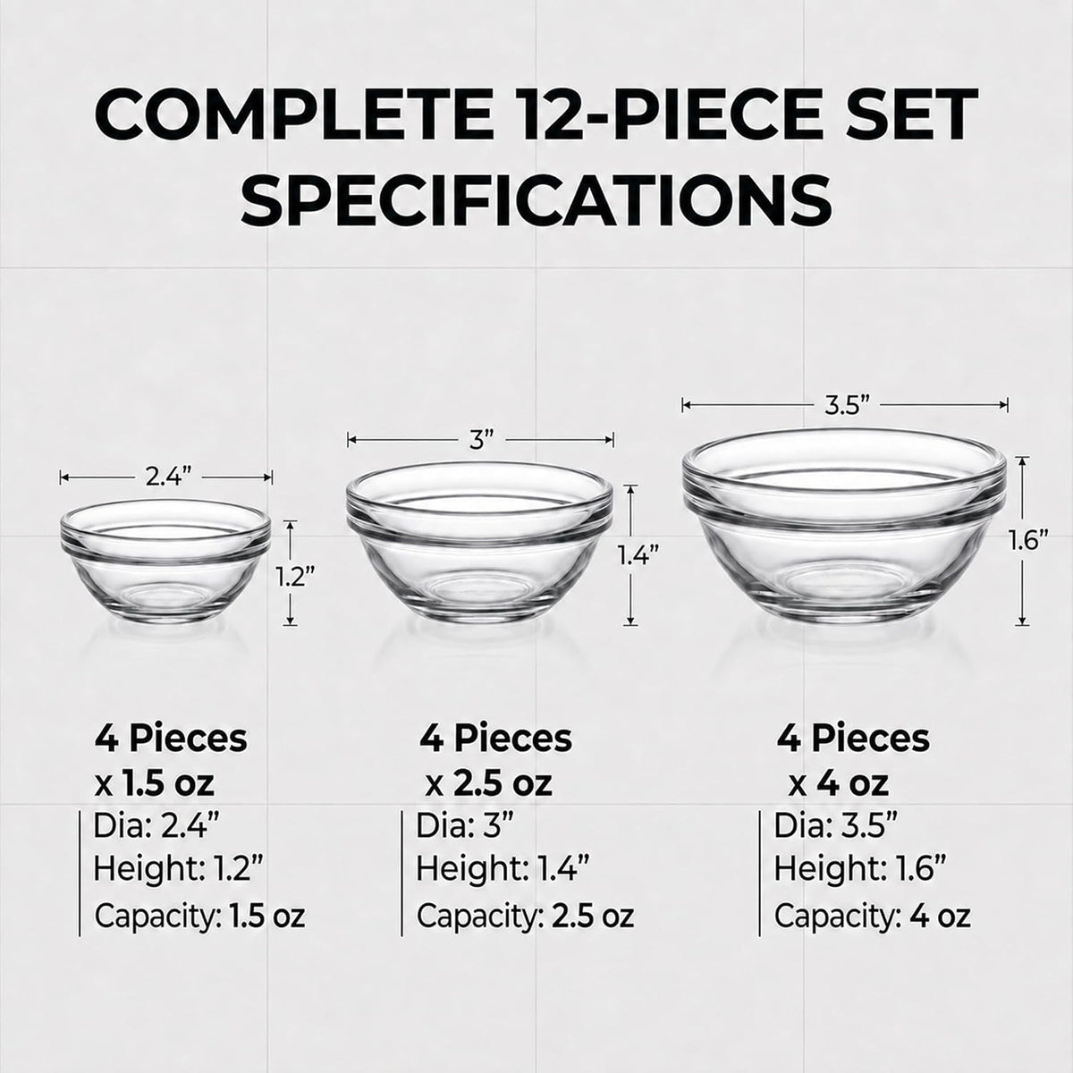 Glass Prep Bowls, 12-Piece Set, 1.5/2.5/4 oz, 3 Sizes