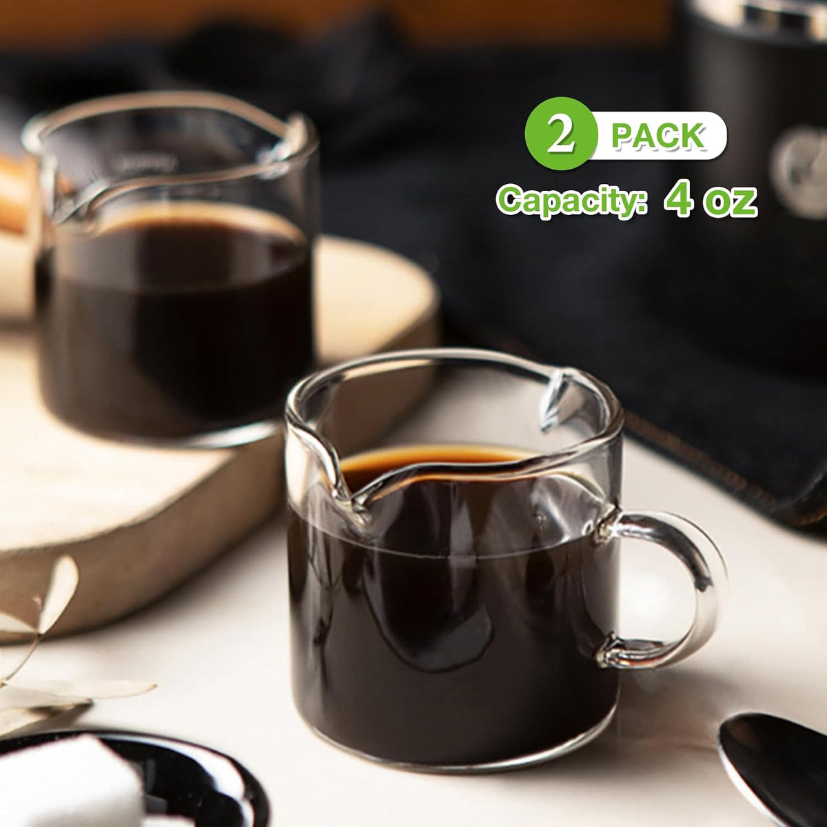 Qipecedm Espresso Cups Set of 2, 4 OZ Double Spouts Cups, Shot Glasses, Milk Cup with Handle, Clear Glass, Espresso Accessories for Machine, Small