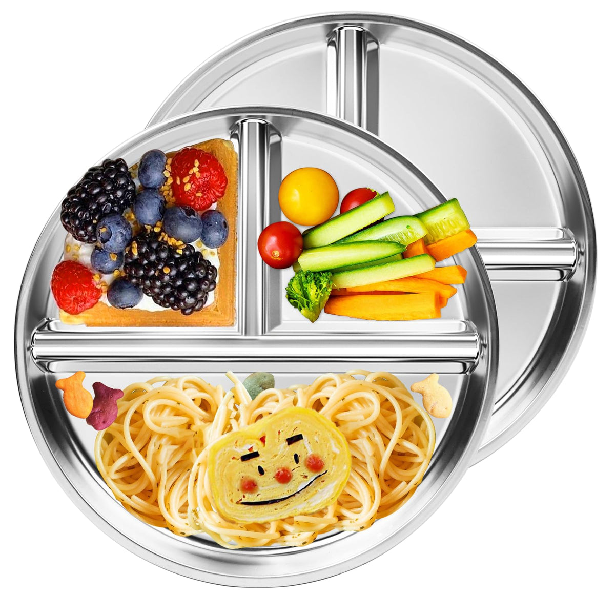 Bakpoco Stainless Steel Kids Plates Set of 4, 9" Portion Control Plates Divided Plate for Adults Toddlers Balance Lunch, Bariatric & Diabetic Diet, Non Toxic Camping Metal Snack Plate for Eating