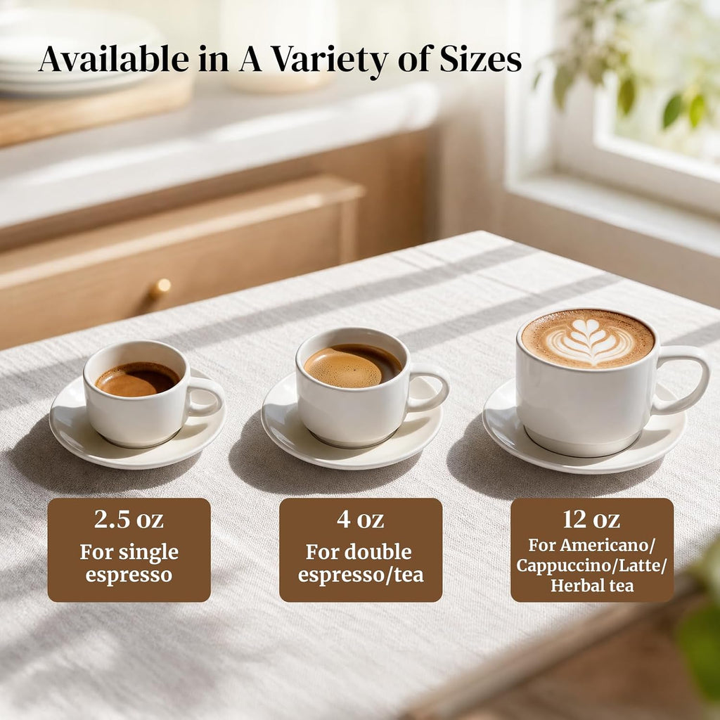 DOWAN 2.5 OZ Stackable Espresso Cups, Porcelain Coffee Cups with Saucers Set of 4, White Espresso Shot Cup, Tea Cups for Home, Office and Cafe Use