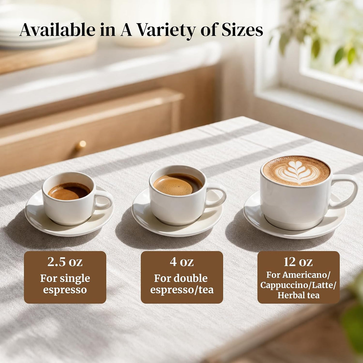 DOWAN 12oz Coffee Mugs, Cappuccino Cup and Saucer Set of 4, White Ceramic Coffee Cups for Latte/Tea/Milk, Tea Cups for Use in Office, Home and Cafes, Microwave Safe