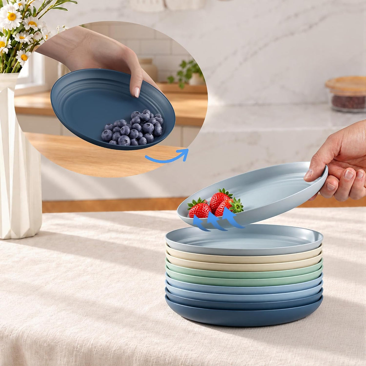 Quatish 10 PCS Reusable Plastic Plates, Dinner Plate, Plate Set, Blue