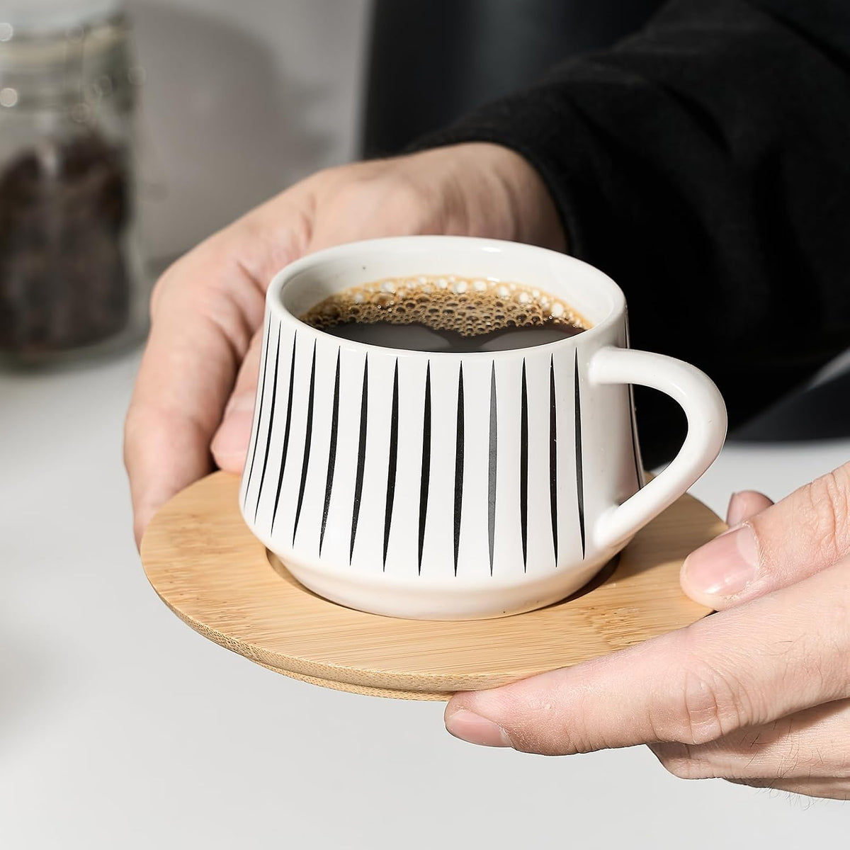 LUKA Ceramic Coffee Espresso Cups with Saucers Set with Metal Holder, 4.4 oz Porcelain Demitasse Cups For Tea, Espresso, Latte, Coffee, Cafe Mocha, Set of 6, White