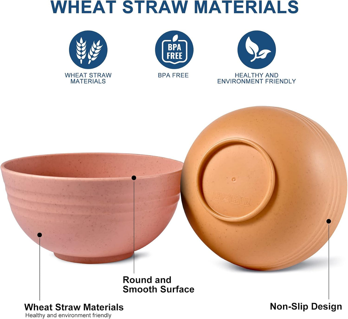 HOTEC 8-Pack 26oz Wheat Straw Cereal Plastic Bowls set, Multicolor