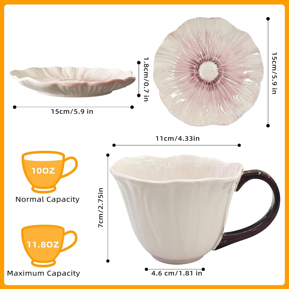 10 oz Tea Cups and Saucers, Ceramic Flower-shaped Cappuccino Cup, Latte Cup and Saucer set, elegant floral Espresso Cup set, Suitable for microwave and dishwasher-Purple