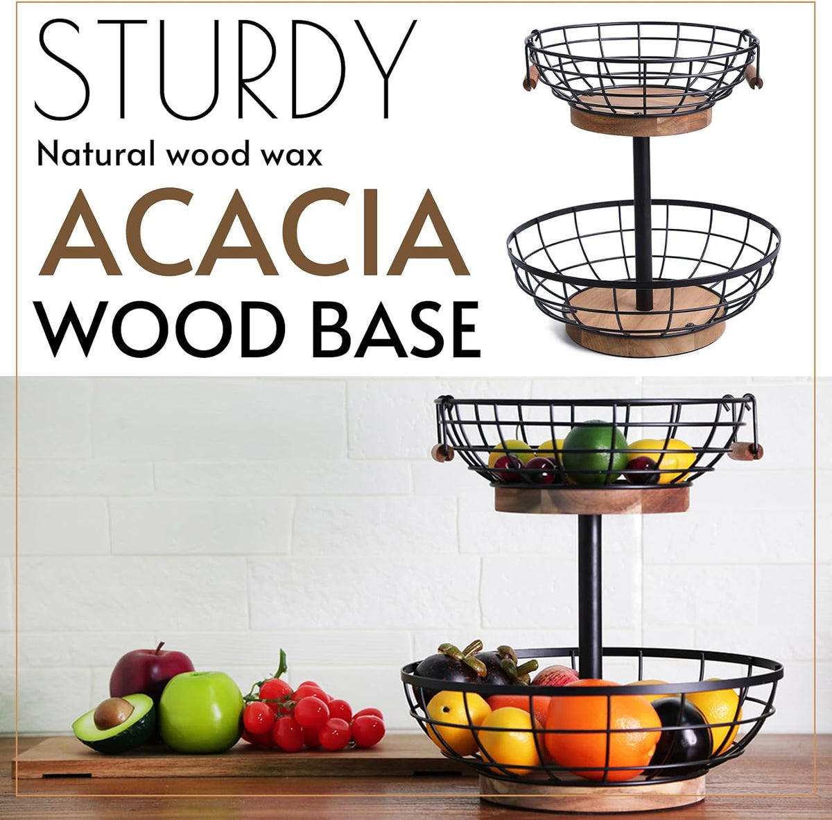 WILDMOS 2-tier Fruit Basket Bowl,Metal Basket with Wooden Base,Fruit and Vegetable Storage with Banana Hanger,Fruit Basket for Kitchen Counter Organizer.