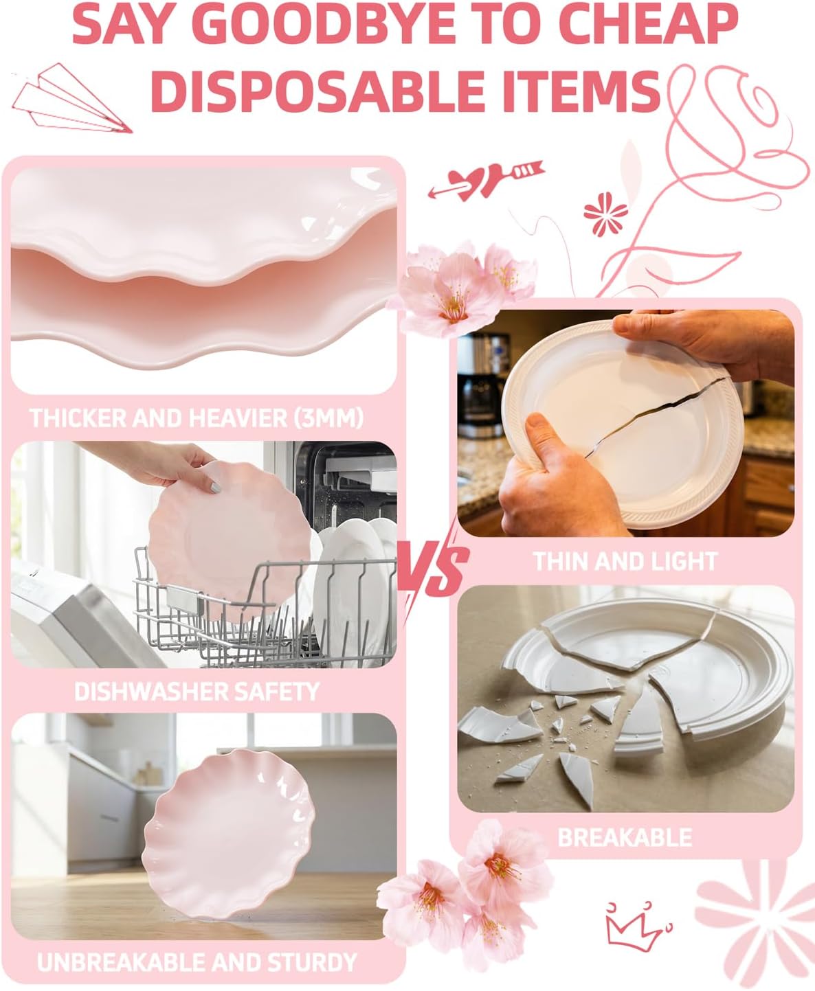 LIYH 24 Pcs Pink Plastic Plates for Party, Reusable, Scalloped, 12 Guests