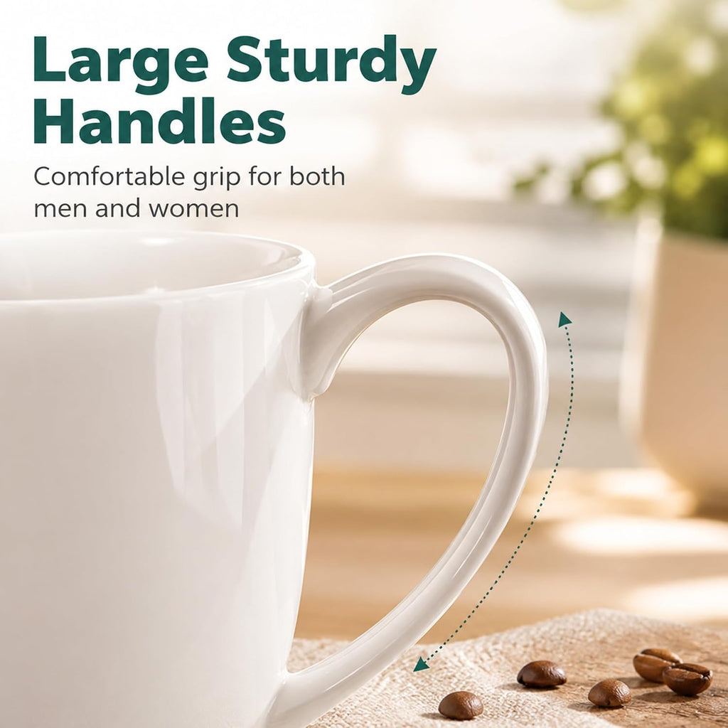 White Porcelain Coffee Mugs Set of 6, 13 Ounce Coffee Cups with Handle, Ceramic Tea Mugs for Latte, Hot Tea, Cappuccino, Mocha, Cocoa, Mug Gift Set, Dishwasher and Microwave Safe