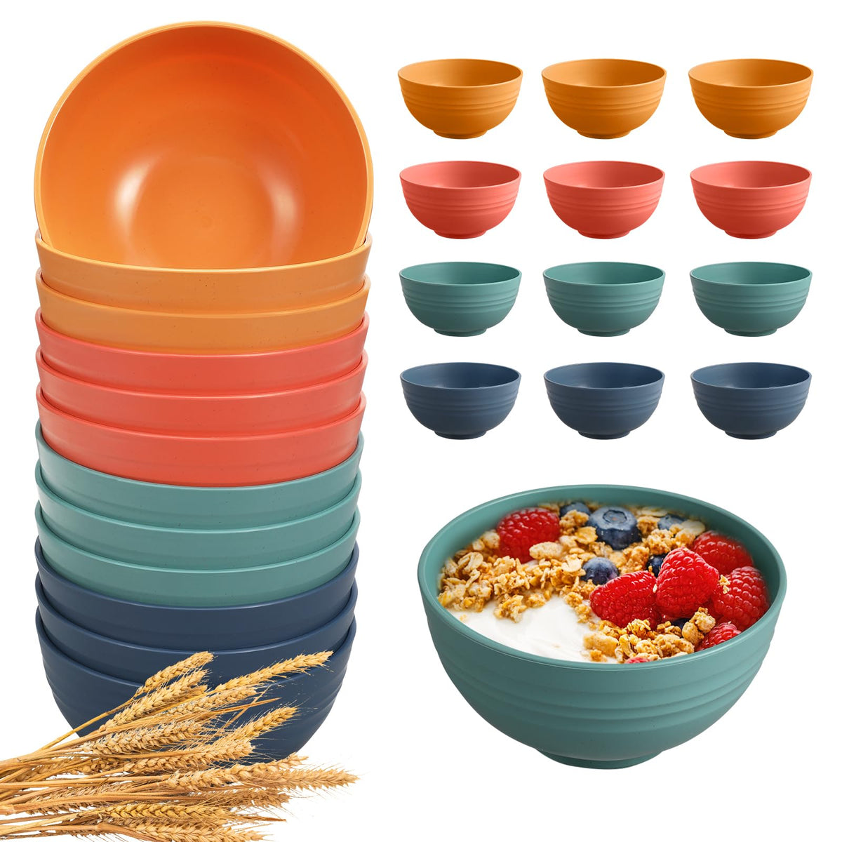 HEYCOME 12 Pcs Unbreakable Cereal Bowls Set, 26 Oz Wheat Straw Bowls Set, Microwave & Dishwasher Safe Rice Bowls for Kitchen, Reusable Plastic Bowls for Soup, Salad and Snack, BPA Free, Multicolor