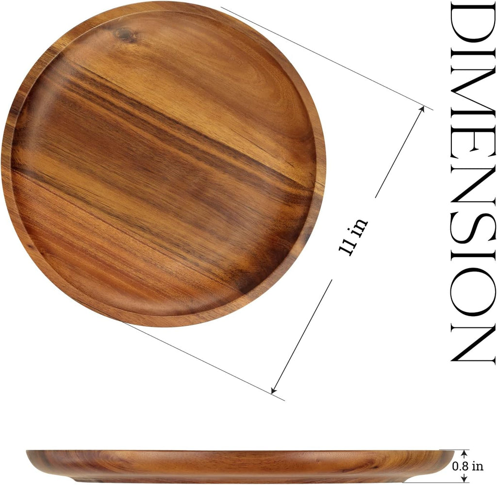 FANICHI Wooden plates (set of 4-11inch) Dinner Plates, Acacia Round Wood Plates, Unbreakable Classic Plates, Easy Cleaning & Lightweight for Dishes Snack, Dessert, Housewarming, Christmas Gift