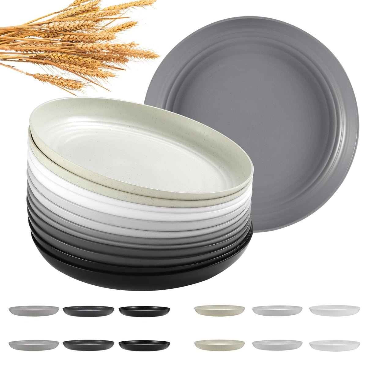 HEYCOME 12 Pcs Unbreakable Deep Dinner Plates Set, 10 inch Reusable Plastic Wheat Straw Plates, Microwave and Dishwasher Safe Plate for Kitchen, Lightweight Plate for Dessert, BPA Free, Dark Green