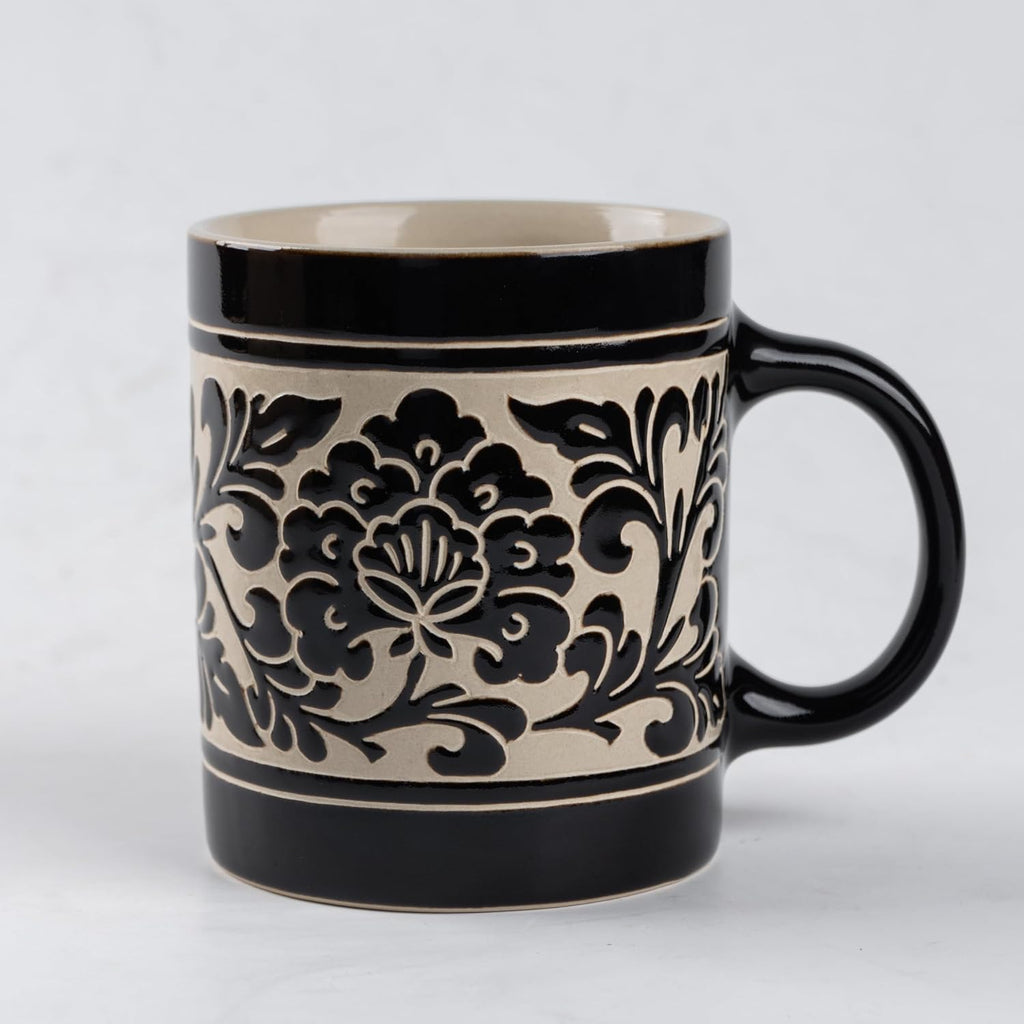 Hand-Carved Peony Band Black Glaze Straight Stoneware Mug, 17 oz