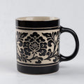 Hand-Carved Peony Band Black Glaze Straight Stoneware Mug, 17 oz