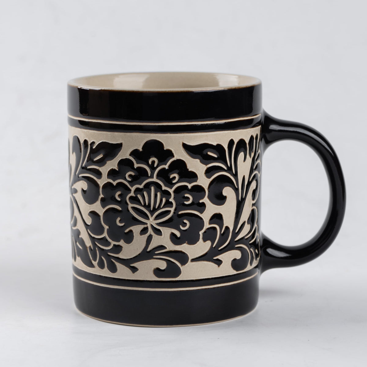 Hand-Carved Peony Band Black Glaze Straight Stoneware Mug, 17 oz