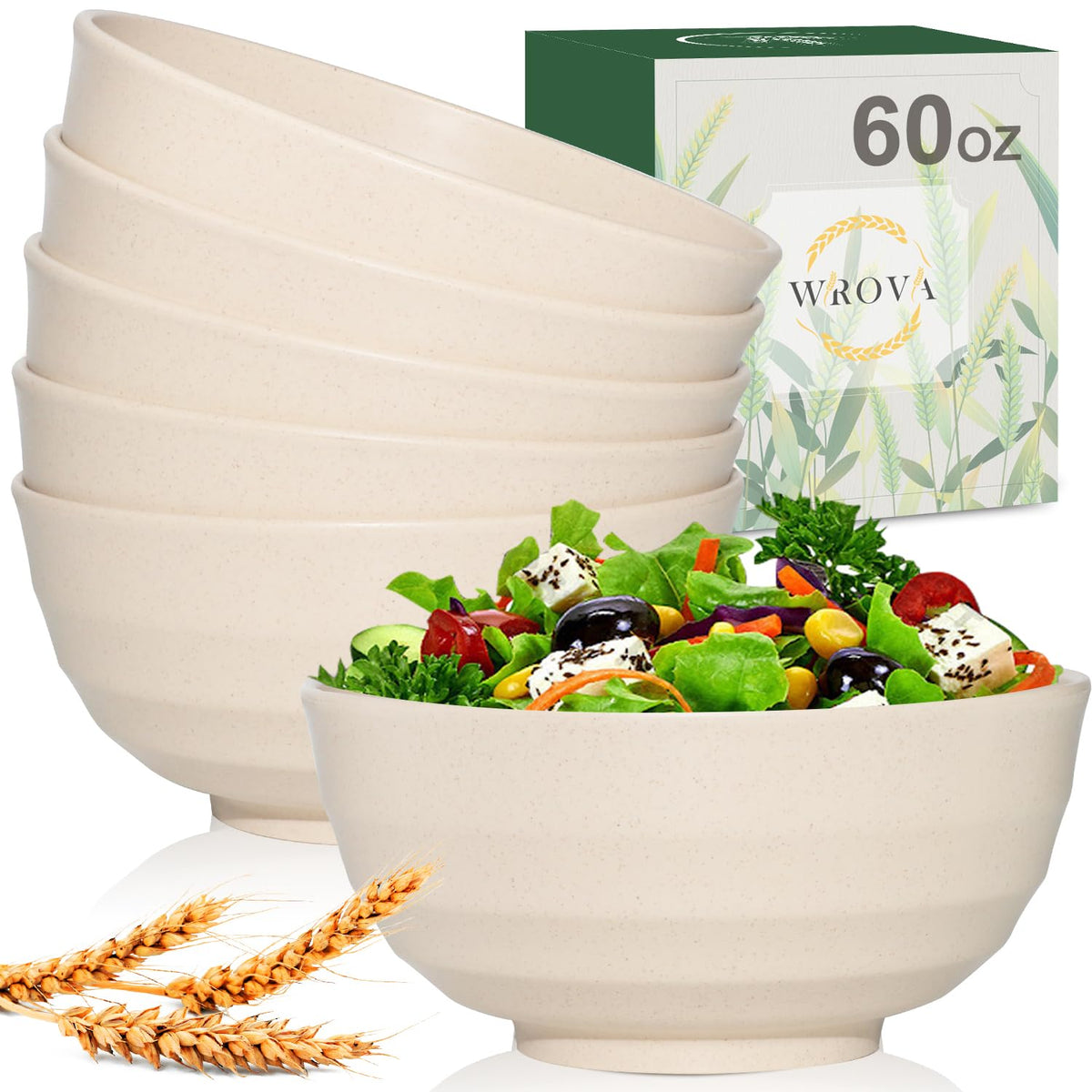 Wrova Wheat Straw Bowls Set 60 OZ Unbreakable Large Cereal Bowls Set of 6 Microwave and Dishwasher Safe Bowls Big Bowls for Camping and Picnic BPA Free Soup Bowl for Serving Oatmeal and Salad. Black
