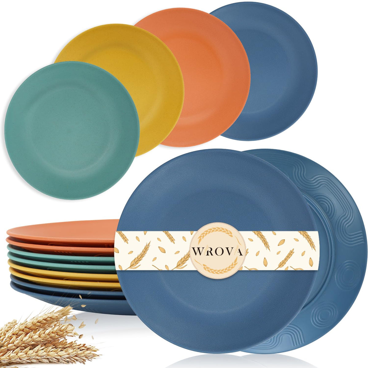 Wrova White Plastic Plates 10 Inch, Reusable Wheat Straw Plates Set of 8