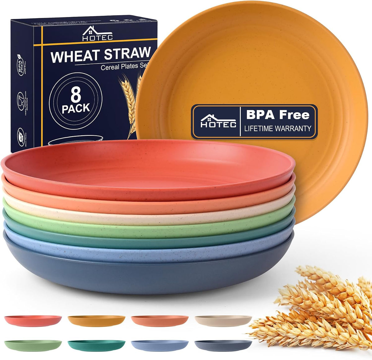 HOTEC 8-Pack 8inch Deep Plastic Plates,Multicolor