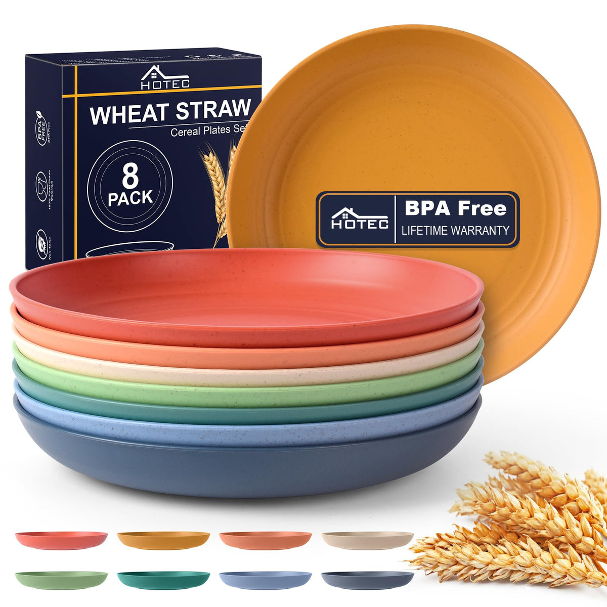 HOTEC 8-Pack 8inch Deep Plastic Plates,Multicolor