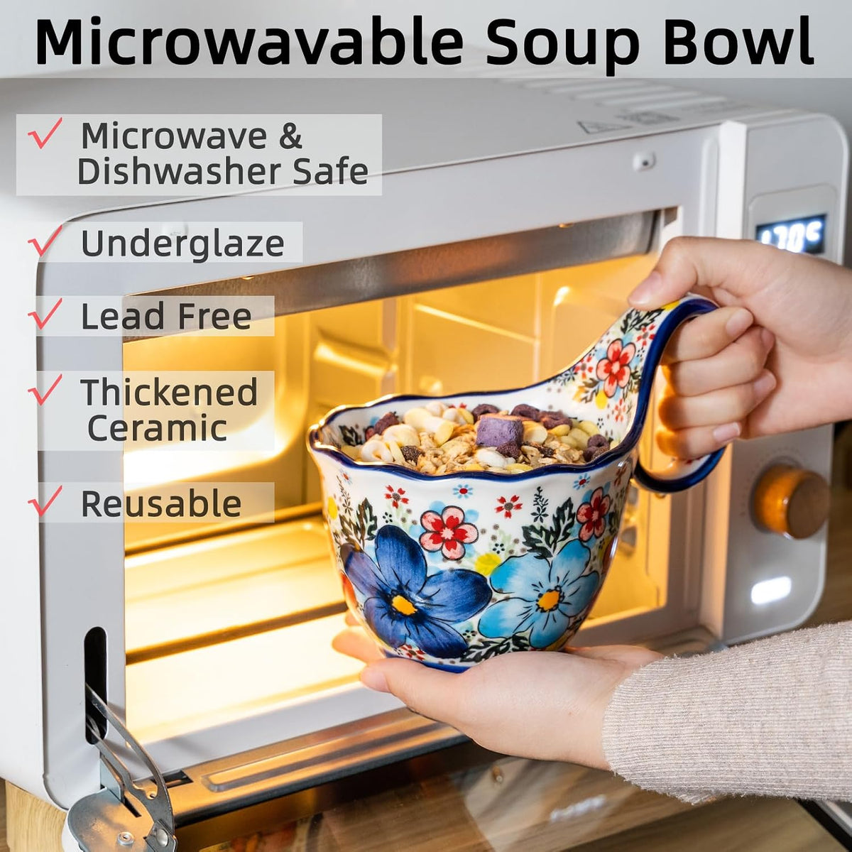 ALMA 18oz Microwavable Soup Bowl with Loop Handle, Handpainted Decorative Mug Big Handle, Ceramic Soup bowl for Mother, Cereal Bowl Great for Fruits, Chili, Stew, Ice cream