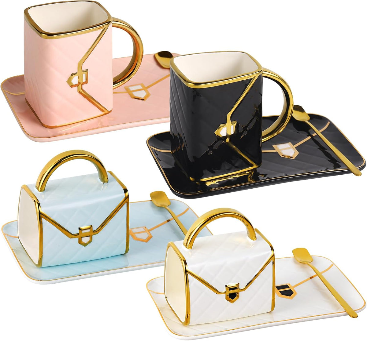 Handbag Coffee Mug Set,Four 10 oz Ceramic Cups with Saucers & Spoons
