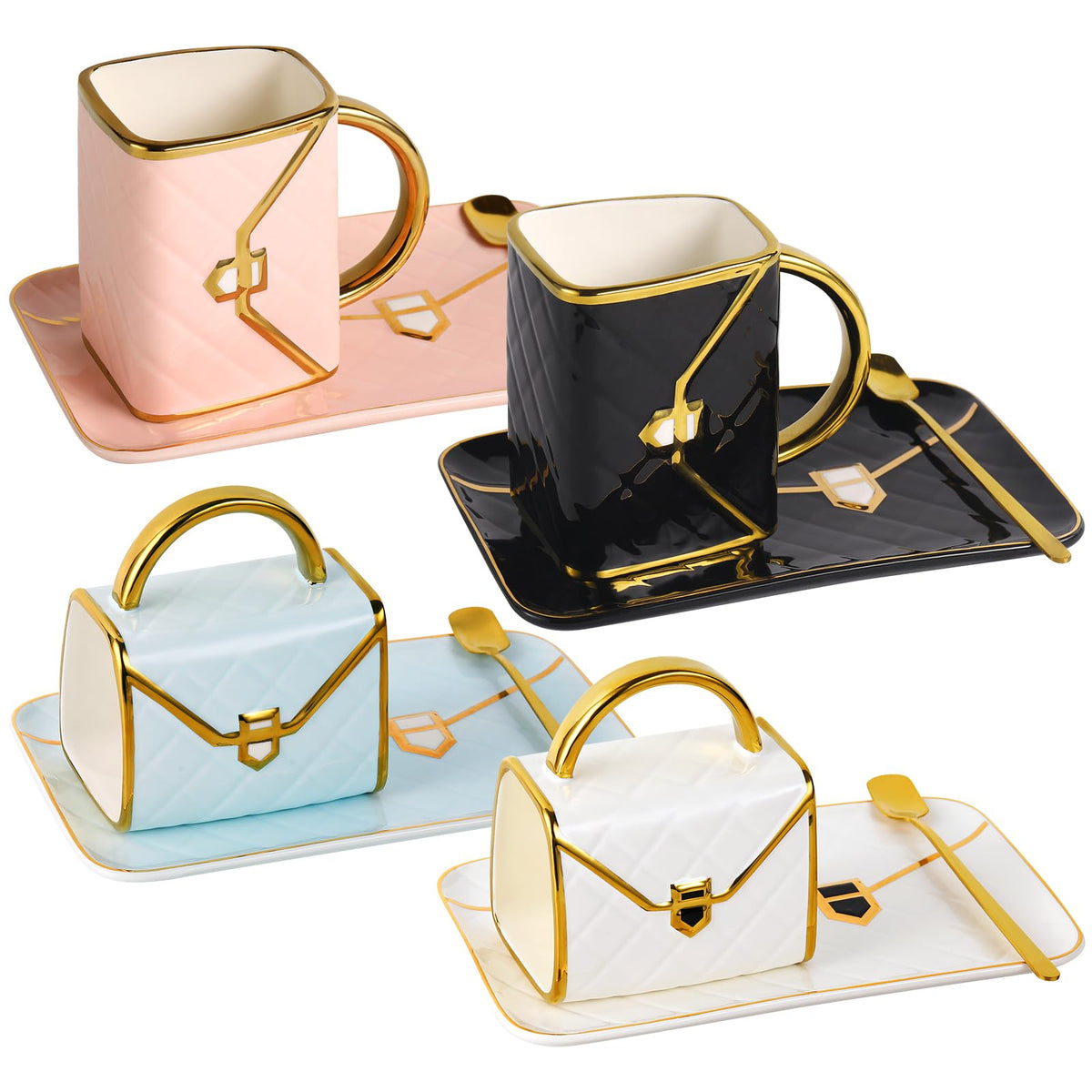 Handbag Coffee Mug Set,Four 10 oz Ceramic Cups with Saucers & Spoons