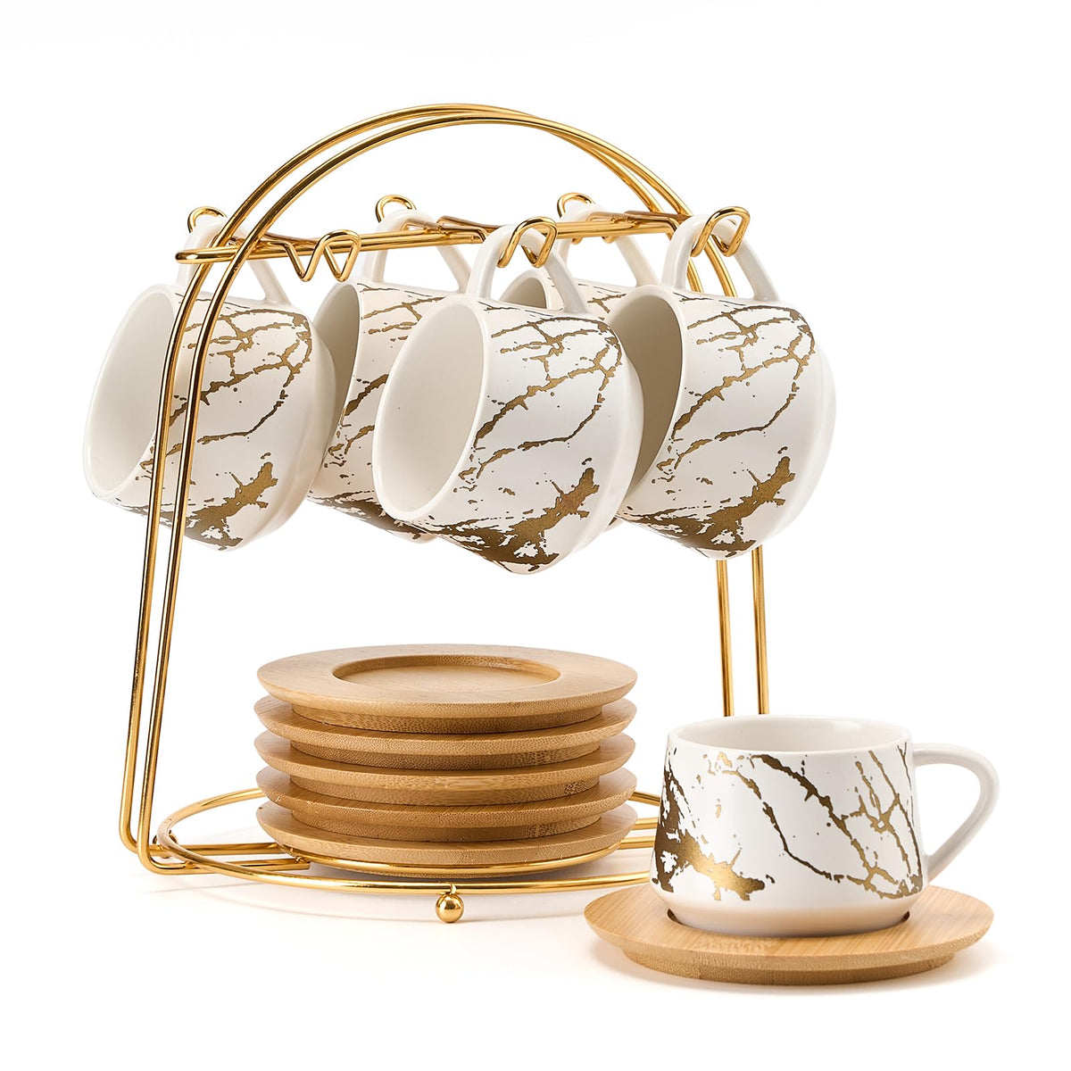 LUKA Ceramic Coffee Espresso Cups with Saucers Set with Metal Holder, 4.4 oz Porcelain Demitasse Cups For Tea, Espresso, Latte, Coffee, Cafe Mocha, Set of 6, White