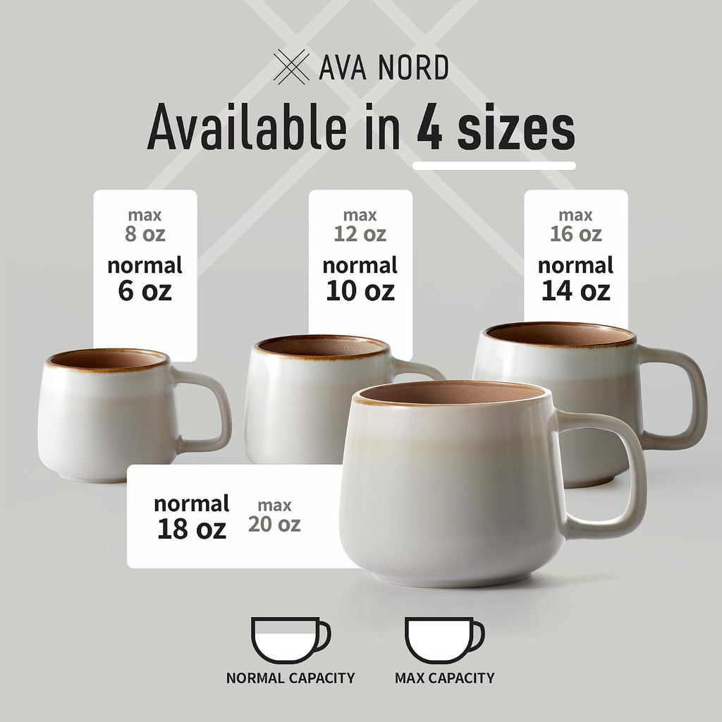 Ava Nord Stoneware Ceramic Coffee Mugs Set of 4 | 12 oz | Sage Ash