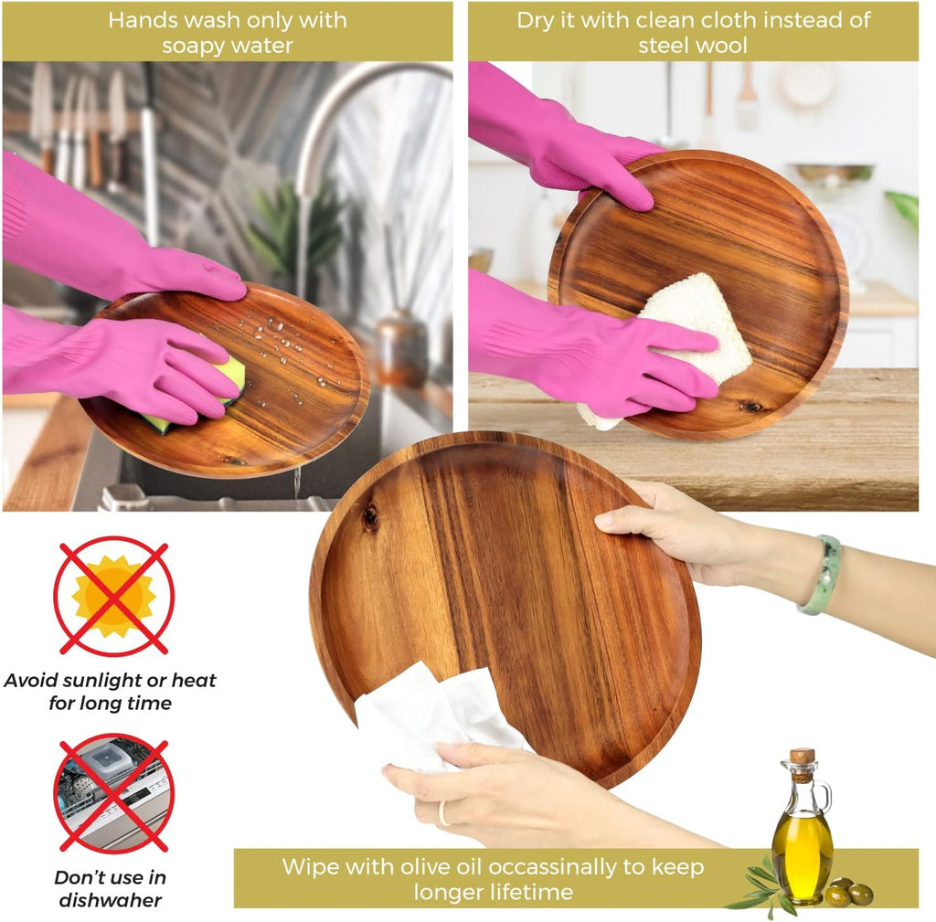 FANICHI Wooden plates (set of 4-11inch) Dinner Plates, Acacia Round Wood Plates, Unbreakable Classic Plates, Easy Cleaning & Lightweight for Dishes Snack, Dessert, Housewarming, Christmas Gift