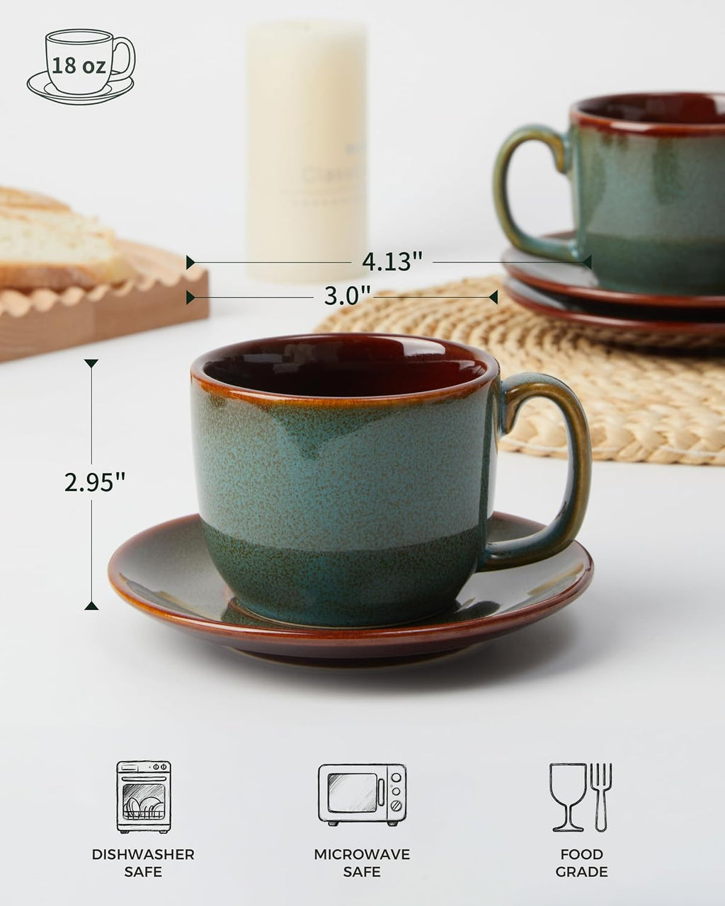 Pokini Stoneware Coffee Cups with Saucers, Cappuccino Cups, Mugs Set of 4