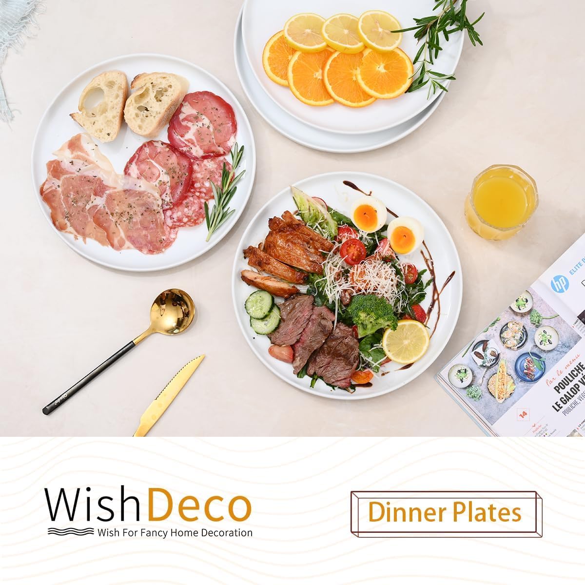 WishDeco White Dinner Plates Set of 4, Ceramic Dining Plates 10.5Inch