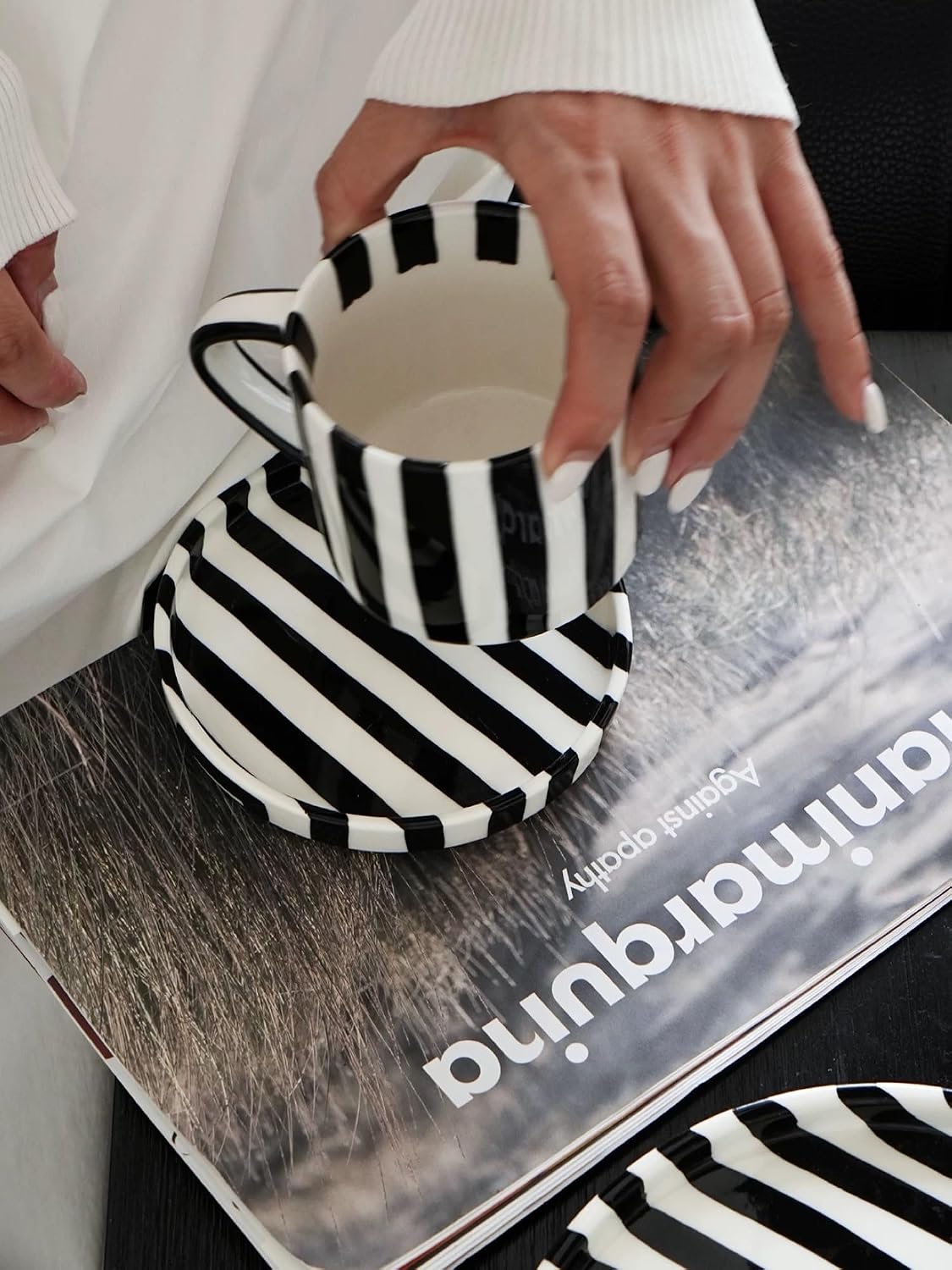 Small 8oz Stylish Handmade Striped Coffee Mug Espresso Cups With Saucer, Hand painted Esthetical Ceramic Cappuccino Mugs, Glazed Tea/Coffee Cup, Microwave safe tea cup with handle (Black)