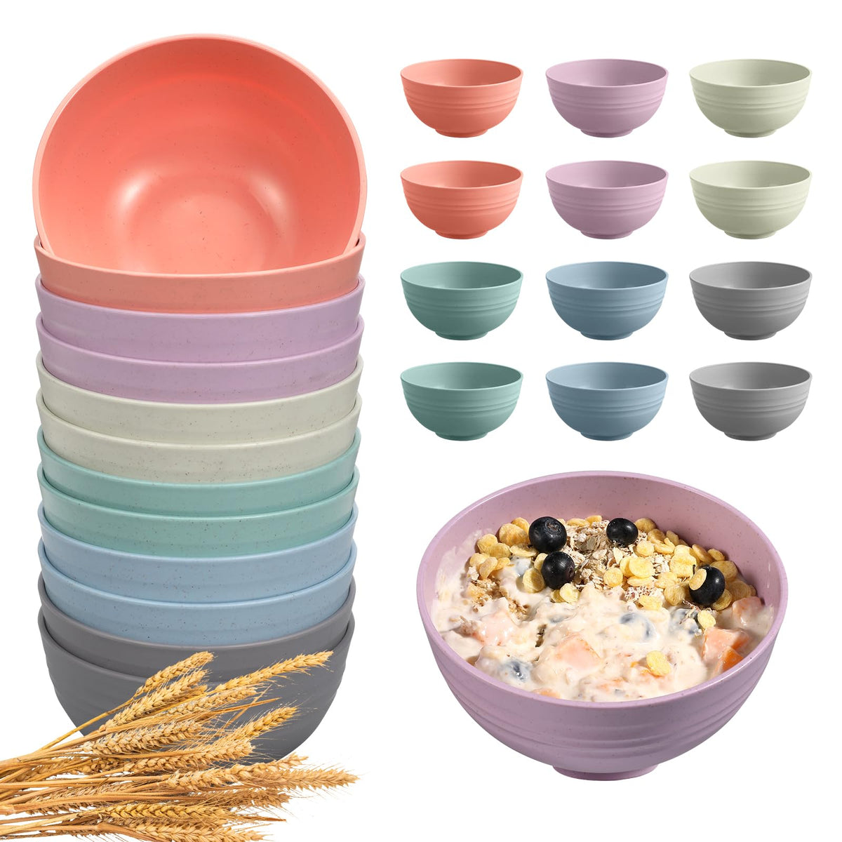 HEYCOME 12 Pcs Unbreakable Cereal Bowls Set, 26 Oz Wheat Straw Bowls Set, Microwave & Dishwasher Safe Rice Bowls for Kitchen, Reusable Plastic Bowls for Soup, Salad and Snack, BPA Free, Multicolor
