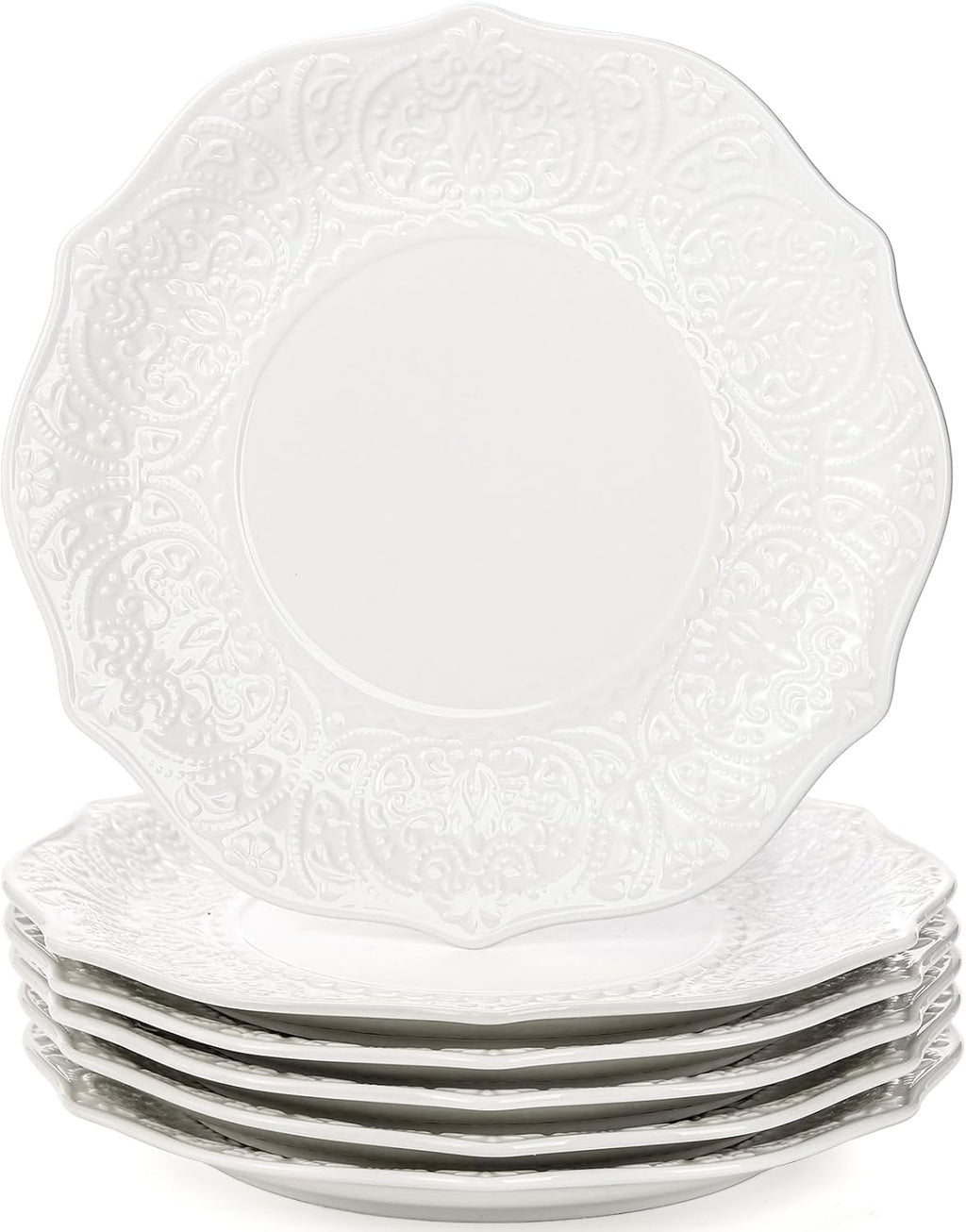 SOUJOY Set of 6 Salad Plate, 8 Inch Porcelain Dessert Serving Plates, Embossed Printing Small Dinner Dish for Pancakes, Steak, Microwave, Dishwasher Safe