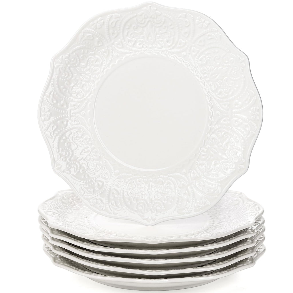 SOUJOY Set of 6 Salad Plate, 8 Inch Porcelain Dessert Serving Plates, Embossed Printing Small Dinner Dish for Pancakes, Steak, Microwave, Dishwasher Safe