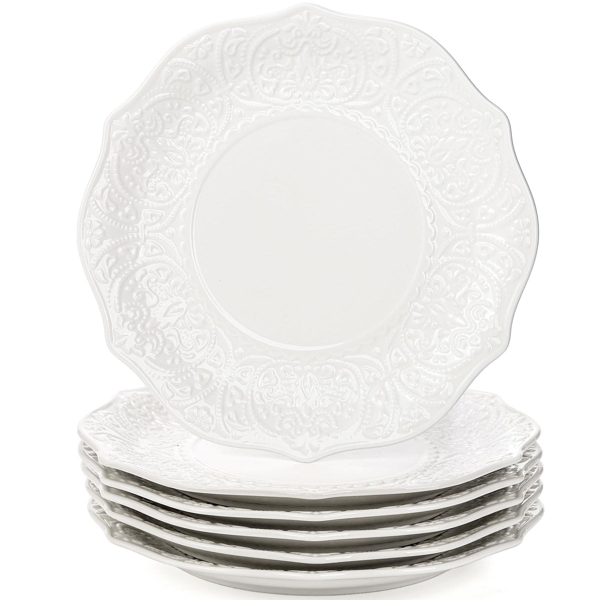 SOUJOY Set of 6 Salad Plate, 8 Inch Porcelain Dessert Serving Plates, Embossed Printing Small Dinner Dish for Pancakes, Steak, Microwave, Dishwasher Safe