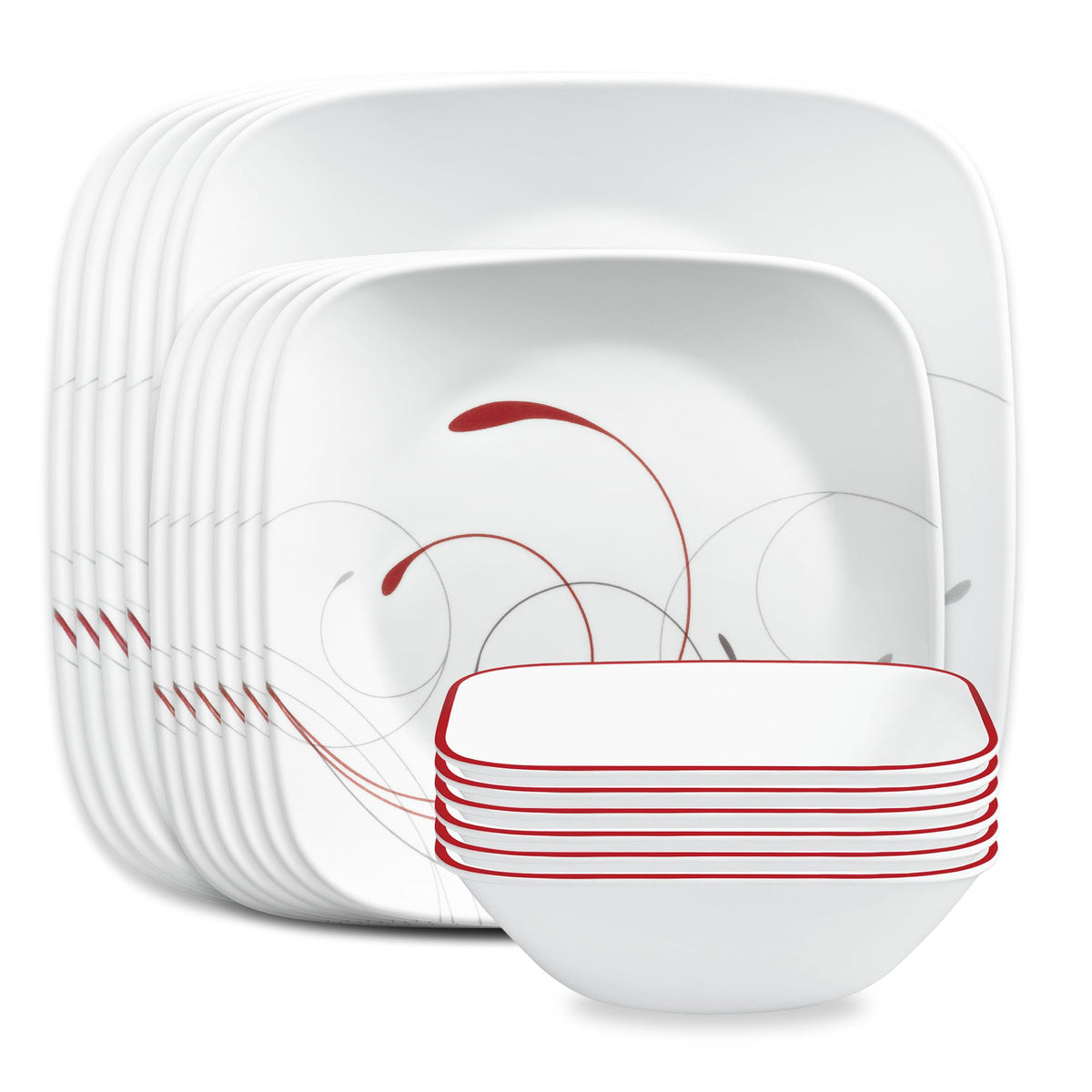 Corelle Vitrelle 18-Piece Service for 6 Dinnerware Set Triple Layer Glass and Chip Resistant, Lightweight Square Plates and Bowls Set, Simple Sketch